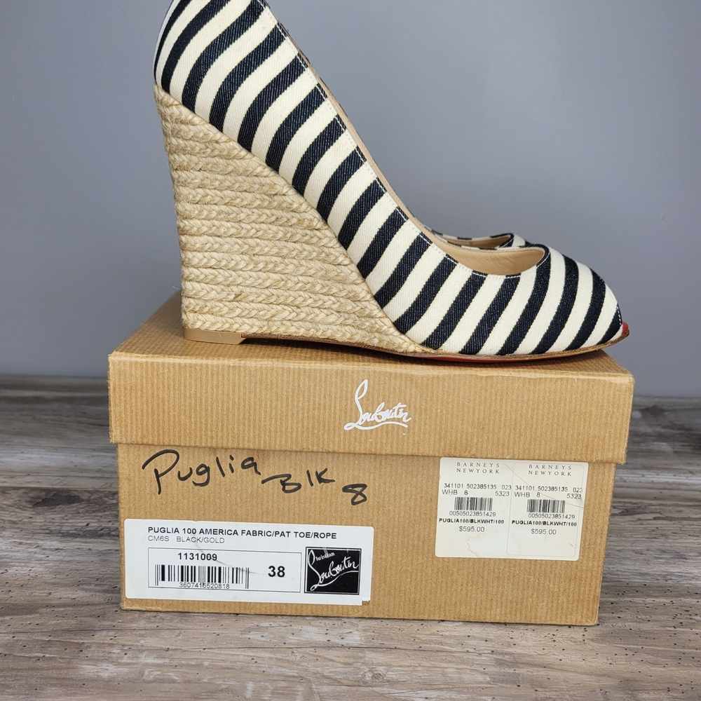 Christian Louboutin Puglia Black and White Striped Peep Toe Heels